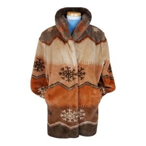 Vintage Artfur by Duffel long faux fur jacket snowflake winter scene teeddy coat